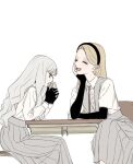  2girls :d ^_^ black_gloves black_shirt chair closed_eyes collared_shirt commentary_request eating elbow_rest eyelashes food from_side fuyuki_manon_(gomibako_(gomibako_price)) gloves gomibako_(gomibako_price) grey_hair grey_skirt grey_vest hand_rest highres holding holding_food layered_sleeves long_hair long_skirt long_sleeves multiple_girls negative_space on_chair open_mouth original pleated_skirt profile school_uniform shirt short_over_long_sleeves short_sleeves simple_background sitting skirt sleeves_past_wrists smile straight_hair table undershirt vest wavy_hair white_background white_shirt yukino_kanna_(gomibako_(gomibako_price)) 