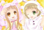  1girl animal_costume animal_ears blush bow brown_eyes brown_hair bunny_costume bunny_ears bunny_pose cosplay himeno_kanon ichihara_nina idolmaster idolmaster_cinderella_girls idolmaster_side-m kigurumi long_hair one_eye_closed open_mouth shinobu1132 smile 