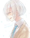  1boy blue_necktie blush cardigan closed_eyes collared_shirt commentary_request dated from_side happy_birthday jack_jeanne male_focus necktie open_mouth portrait profile school_uniform shirota_mitsuki shirt short_hair sidelocks simple_background smile solo tears. white_background white_hair white_shirt yellow_cardigan 