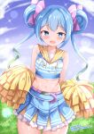 1girl :d bare_shoulders belt blue_eyes blue_hair blue_shorts blue_skirt blue_sky blush breasts cheerleader clothes_writing cloud commentary_request dated day double_bun drawstring frilled_skirt frills gradient_hair green_hair hair_bun happy_birthday highres hood hood_down long_hair multicolored_hair navel ongeki outdoors pink_belt pleated_skirt pom_pom_(cheerleading) shirt shorts skirt sky sleeveless sleeveless_shirt small_breasts smile solo suzushima_arisu twintails very_long_hair xenon_(for_achieve) 