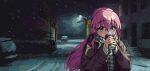  1girl absurdres blue_eyes bocchi_the_rock! bottle car drinking gotoh_hitori hair_ornament highres holding holding_bottle hood hooded_jacket jacket lamppost long_hair looking_at_viewer motor_vehicle night pilot_webber pink_hair plaid_clothes plaid_scarf scarf snow solo stairs straight-on wide_shot 