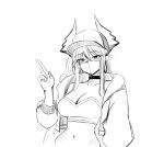  1girl arm_at_side baseball_cap blush breasts choker cleavage commentary_request covered_mouth crop_top dragon_girl dragon_horns greyscale hand_up hat highres horns jacket korean_commentary large_breasts lineart lisian long_hair long_sleeves looking_at_viewer mask monochrome mouth_mask navel open_clothes open_jacket pointy_ears sakihane_huya simple_background solo stellive stomach strapless tube_top upper_body virtual_youtuber white_background 