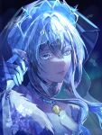  1girl absurdres anastasya_feodorovna_snezhnaya aurora bare_shoulders blue_cape blue_dress blue_eyes blue_gem blue_hair blue_sky braid braided_bun breasts cape choker circlet cleavage closed_mouth colored_eyelashes colored_inner_hair commentary dress dumb_astra earrings elbow_gloves floating_hair fur-trimmed_cape fur_trim gem genshin_impact gloves grey_hair hair_between_eyes hair_bun hand_up highres jewelry kokoshnik large_breasts lips looking_at_viewer multicolored_hair night outdoors pale_skin pendant pointy_ears see-through_clothes see-through_veil short_hair_with_long_locks sidelocks sky snowflakes solo strapless strapless_dress upper_body veil wavy_hair white_choker white_eyelashes white_gloves winter yellow_gem 