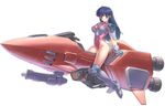  arm_support armor bangs blue_hair blunt_bangs blush boots breasts burning_force covered_navel energy_gun from_side full_body gloves grey_gloves grey_legwear gun highleg highleg_leotard hime_cut hover_bike knee_pads large_breasts leotard light_smile long_hair long_legs looking_at_viewer orange_eyes pauldrons pink_leotard science_fiction simple_background skin_tight smile solo straddling tengenji_hiromi thigh_boots thighhighs turtleneck uchiu_kazuma uniform weapon white_background 