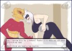 annoyed anthro athletic_wear blue_border bodily_fluids border clothing dialogue duo english_text fan_character female generation_5_pokemon gym gym_weights hi_res humanoid humor imminent_sex joke leotard male mienfoo nintendo pok-zone pokemon pokemon_(species) provocative size_difference sweat text
