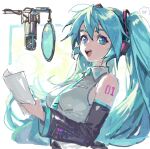  1girl arm_tattoo bare_shoulders black_sleeves blue_eyes blue_hair breasts collared_shirt commentary detached_sleeves grey_shirt hair_between_eyes hair_ornament hand_up hatsune_miku headphones holding holding_paper large_breasts long_hair long_sleeves looking_at_viewer microphone necktie number_tattoo open_mouth paper shinpu_(oresinpu) shirt simple_background sleeveless sleeveless_shirt smile solo tattoo teeth tie_clip tongue twintails upper_body very_long_hair vocaloid white_background wide_sleeves yellow_necktie 