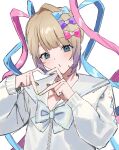  1girl blonde_hair blue_bow blue_bowtie blue_eyes blue_hair blue_nails blue_shirt bow bowtie chouzetsusaikawa_tenshi-chan four-finger_heart_hands gradient_hair hair_bow heart heart_hands highres long_hair multicolored_hair multicolored_nails multiple_hair_bows nail_polish nakataa_7 needy_girl_overdose pink_bow pink_hair purple_bow purple_hair quad_tails shirt simple_background solo upper_body very_long_hair white_background yellow_nails 