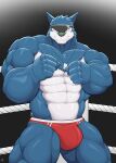 abs absurd_res anthro bandai_namco big_muscles canid canine canis deltoids digimon digimon_(species) digital_drawing_(artwork) digital_media_(artwork) fighting_pose fighting_ring hi_res huge_muscles machgaogamon male mammal muscular muscular_anthro muscular_male pose shinobiya solo wolf yellow_eyes