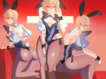  1girl animal_ears asciankin ass black_leotard blush breasts brown_eyes brown_hair cleavage clio_aite commentary english_commentary eyewear_strap glasses highres indie_virtual_youtuber leotard looking_at_viewer multiple_views pantyhose phase_connect playboy_bunny rabbit_ears red_background round_eyewear scar scar_across_eye scar_on_face short_hair sitting small_breasts thick_thighs thighs vershion virtual_youtuber wide_hips 