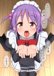  1girl :d apron black_dress black_thighhighs blush bow bowtie breasts brown_eyes commentary_request commission dress eyes_visible_through_hair foreshortening frilled_apron frills from_above hair_between_eyes hair_bobbles hair_ornament hands_up hayate_no_gotoku! heart highres hisakabe_oto indoors juliet_sleeves large_variant_set long_hair long_sleeves looking_at_viewer maid maid_apron maid_headdress medium_breasts miniskirt musical_note open_hands open_mouth oral_invitation pleated_skirt pov puffy_sleeves purple_hair red_bow red_bowtie segawa_izumi sidelocks sitting skeb_commission skirt smile solo speech_bubble straight-on tareme thighhighs thighs tongue tongue_out translation_request two_side_up upturned_eyes uvula v_arms variant_set white_apron white_skirt wooden_floor 