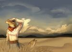 anthro belt blue_eyes canid canine canis clothed clothing cowboy coyote dakota_asbury freckled_face freckles fur hat headgear headwear hi_res holding_clothing holding_hat holding_headgear holding_headwear holding_object kerchief landscape male mammal mountain plains sky skyscape solo tan_body tan_fur termanovich