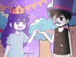  1boy 1girl artist_name aubrey_(headspace)_(omori) aubrey_(omori) black_eyes black_hair black_tank_top blue_shirt blush colored_skin commentary confetti crown double-parted_bangs english_commentary fake_facial_hair fake_mustache hair_between_eyes hat highres kodomo_doushi long_hair long_shirt monocle omori omori_(omori) open_mouth princess_ghost_(omori) purple_eyes purple_hair purple_hat purple_sky scene_reference shirt short_hair short_sleeves sidelocks sky smile starlyfnnctn tank_top teeth top_hat tophat_ghost_(omori) tree twitter_username upper_teeth_only white_skin 