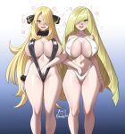  2girls absurdres achromaru alternate_breast_size_(larger) ass_visible_through_thighs bikini black_eyes black_slingshot_swimsuit blonde_hair blue_background blush breasts cleavage commentary covered_nipples cynthia_(pokemon) english_commentary eyebrows_hidden_by_hair fingering full_cleavage fur_wrist_cuffs gradient_background green_eyes hair_between_eyes hair_over_one_eye highres huge_breasts hypnosis large_breasts long_hair looking_at_viewer lusamine_(pokemon) mind_control multiple_girls mutual_fingering mutual_masturbation navel open_mouth pokemon pokemon_diamond/pearl/platinum pokemon_sun_and_moon ring_light_reflection second-party_source simple_background slingshot_swimsuit smile solid_circle_eyes stomach swimsuit teeth upper_teeth_only very_long_hair white_background white_bikini wrist_cuffs yuri 