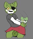 alexc anthro balls blima_(chazington) bottomwear casual_exposure clothed clothing dancing domestic_cat eye_patch eyewear felid feline felis flaccid foreskin fur genitals green_body green_fur hi_res looking_at_viewer male mammal no_underwear penis plushie skirt smile solo