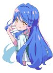  1girl absurdres aqua_babydoll babydoll babydoll_over_clothes blue_hair blush braid breasts butterfly_hair_ornament casual closed_mouth commentary cropped_torso dress fingernails from_behind hair_between_eyes hair_intakes hair_ornament hand_up highres howa_kurea howa_kurea_(civilian) lips long_hair looking_at_viewer looking_back meitantei_precure! official_alternate_costume precure raised_eyebrows rindou_ringdong simple_background single_braided_sidelock small_breasts smile solo swept_bangs three-quarter_sleeves white_background white_dress yellow_eyes 