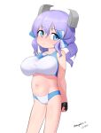  1girl absurdres alternate_breast_size_(larger) bikini black_gloves blue_eyes breasts commentary_request dated feet_out_of_frame gloves headgear highres kantai_collection langley_(kancolle) long_hair looking_at_viewer maru_(marg0613) multicolored_bikini narrow_hips one-hour_drawing_challenge oppai_loli ponytail purple_hair simple_background solo sports_bikini swimsuit twitter_username two-tone_bikini white_background white_bikini 