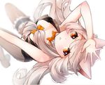  animal_ears blonde_hair blurry cat_ears depth_of_field frills garters gathers kimijima_(kimijima0301) long_hair lying on_back orange_eyes original pantyhose ribbon solo 