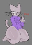 2025 5_fingers anonymous_artist anthro big_butt black_nose bottom_heavy bottomless bottomless_anthro bottomless_male butt clothed clothing colored curvy_figure cute_fangs digital_drawing_(artwork) digital_media_(artwork) domestic_cat eyelashes fangs feet felid feline felis femboy fingers front_view fur gesture glistening_thighs grey_background hand_gesture hand_on_crotch hi_res hindpaw huge_butt huge_thighs kneeling male mammal narrowed_eyes paws pose purple_clothing purple_sweater purple_topwear purple_turtleneck seductive simple_background sitting smile snaggle_tooth solo sweater sweater_only tail teeth thick_thighs tika_(tuggg) topwear topwear_only turtleneck turtleneck_only v_sign voluptuous whiskers white_body white_fur wide_hipped_anthro wide_hipped_male wide_hips