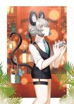  1girl absurdres alternate_costume alternate_hairstyle animal_ears bar_(place) bartender basket black_bow black_shorts black_vest blue_necktie bottle bow closed_mouth cocktail_shaker collared_shirt commentary commission commissioner_name english_commentary grey_hair hair_bow highres holding holding_cocktail_shaker holding_with_tail mouse_(animal) mouse_ears mouse_girl mouse_tail nazrin necktie plant ponytail prehensile_tail red_eyes second-party_source shirt short_ponytail shorts skeb_commission smile solo tail thigh_strap toraneko_2 touhou vest white_shirt 