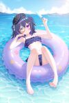  1girl absurdres afloat bare_legs barefoot beret bikini black_bikini black_hair black_hat blue_bow blue_eyes blue_sky blush bone_hair_ornament bow breasts chinese_commentary closed_mouth cloud colored_inner_hair commentary_request day feet food frilled_bikini frills hair_bow hair_ornament hair_ribbon hairband hat heterochromia highres holding holding_food holding_popsicle innertube legs_up looking_at_viewer medium_hair monocle multicolored_hair nail_polish navel no_shoes ocean ohako_miyu original outdoors pink_nails popsicle purple_eyes purple_hair purple_ribbon reclining ribbon ruffle_bikini sample_watermark short_hair sky small_breasts smile soles solo stomach swim_ring swimsuit thighs toenail_polish toenails toes underboob variant_set water watermark 