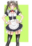  1girl absurdres alternate_costume apron black_dress black_thighhighs breasts commentary_request corset dress enmaided frilled_apron frills garter_straps green_background green_hair highres kantai_collection long_hair looking_at_viewer maid maid_headdress neck_ribbon nitamako_(sakamalh) red_ribbon ribbon small_breasts smile solo thighhighs waist_apron white_apron wrist_cuffs yellow_eyes zuikaku_(kancolle) 