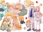  1boy 1girl aged_down arms_around_another's_back arms_behind_back bag black_robe black_shoes black_socks bleach bleach:_sennen_kessen-hen blue_shirt blush blush_stickers bow bowtie braid bread breasts brown_eyes brown_hair brown_shirt brown_shoes carrying chibi chibi_inset closed_eyes closed_mouth commentary_request couple cropped_vest detached_sleeves dress food fruit full_body furrowed_brow grey_jacket grey_pants grey_shirt grey_skirt hair_ornament half_updo hand_on_another's_cheek hand_on_another's_face heart hetero highres hokuchaaa2525 holding holding_bag holding_sword holding_weapon hug imminent_kiss inoue_orihime inoue_orihime_(hueco_mundo) inoue_orihime_(sennen_kessen-hen) jacket japanese_clothes karakura_high_school_uniform kneeling kurosaki_ichigo large_breasts loafers long_hair long_skirt midriff multiple_persona multiple_views open_mouth orange_hair pants parted_bangs pink_dress pink_shirt princess_carry red_bow red_bowtie ribbed_vest robe school_uniform shirt shirt_under_dress shoes short_hair sitting skirt smile snowflake_hair_ornament socks spiked_hair spoken_heart standing strawberry suit_jacket sweatdrop sword t-shirt thighhighs upper_body vest weapon white_background white_dress white_shirt white_skirt white_sleeves white_thighhighs white_vest 