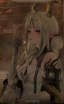  1girl absurdres arknights arknights:_endfield artist_name bare_shoulders breasts colored_extremities commentary detached_sleeves dragon_girl dragon_horns eastern_dragon_horns highres horns long_hair multicolored_hair ohkurrva parted_lips pointy_ears si_(arknights) small_breasts solo two-tone_hair upper_body very_low_bun 
