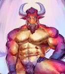 2026 2_horns abs anthro biceps big_muscles blue_body blue_scales broad_shoulders countershade_arms countershade_face countershade_neck countershade_scales countershade_torso countershading deltoids digital_drawing_(artwork) digital_media_(artwork) empty_eyes eye_scar eyebrows facial_hair facial_scar fingers front_view goatee hair hand_on_hip hand_on_own_hip head_horn hi_res horn humanoid_pointy_ears kingarthur_i latissimus_dorsi looking_at_viewer male male_anthro multicolored_body multicolored_scales muscular muscular_anthro muscular_male nipples nude nude_anthro nude_male open_mouth orange_body orange_scales pecs pink_background pointy_ears portrait pose purple_body purple_facial_hair purple_goatee purple_hair purple_scales scales scar simple_background snout solo thick_eyebrows thick_neck three-quarter_portrait trapezius tusks unknown_species yellow_body yellow_countershading yellow_scales