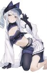  1girl animal_ear_headwear asymmetrical_legwear barefoot baseball_cap black_gloves blue_skirt breasts cleavage commentary_request din_(flypaper) elbow_gloves foxxiontech_(pso2) gloves hand_up hat highres medium_hair midriff multicolored_hair navel phantasy_star phantasy_star_online_2 phantasy_star_online_2_new_genesis pleated_skirt ponytail simple_background skirt small_breasts solo streaked_hair two-tone_skirt white_background white_hair white_skirt white_sleeves 