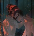  1boy 1girl arm_around_neck bandaged_head bandages bandages_over_mouth black_hair breasts brown_hair collarbone couple embers eyepatch glasses hange_zoe hetero highres kviuy_rs levi_(shingeki_no_kyojin) medium_breasts medium_hair ponytail sad shingeki_no_kyojin shirt short_hair topless_male twitter_username upper_body white_shirt 