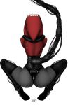  absurd_res black_body black_clothing black_panties black_underwear butt cape clothing cybernetic_leg cybernetic_limb cybernetic_tail cybernetics cyborg digital_drawing_(artwork) digital_media_(artwork) english_text female hi_res humanoid kneeling ltstry machine mechanical_leg mechanical_tail panties presenting presenting_hindquarters rear_view red_cape red_clothing red_top signature simple_background small_waist solo symbol text tube underwear warhammer_(franchise) warhammer_40000 wedgie wire 