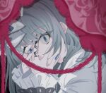  1girl blue_eyes blue_nails commentary covering_face covering_own_face english_commentary grey_hair hair_between_eyes hands_up highres long_hair long_sleeves looking_at_viewer mimasa71 nail_polish official_alternate_costume official_alternate_hairstyle open_mouth project_sekai shadow_shadow_(vocaloid) solo very_long_hair yoisaki_kanade 
