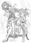  2boys afro ascot bowing brook_(one_piece) closed_mouth coat coat_on_shoulders commentary_request cross_scar crossed_legs crown elbow_rest full_body fur_coat greyscale hamhamugi_mugi hat leaning_forward male_focus monkey_d._luffy monochrome multiple_boys one_piece open_clothes open_shirt sandals scar scar_on_cheek scar_on_chest scar_on_face short_hair shorts sitting skeleton skull smile straw_hat unworn_hat unworn_headwear 