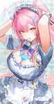  1girl aemeath_(wuthering_waves) ahoge alternate_costume apron arms_up breasts commentary_request dress enmaided grey_dress hair_ornament hair_tie_in_mouth highres large_breasts long_hair looking_at_viewer maid maid_headdress mouth_hold omelet_tomato orange_eyes pink_hair ponytail smile solo star-shaped_pupils star_(symbol) symbol-shaped_pupils tacet_mark_(wuthering_waves) wuthering_waves 