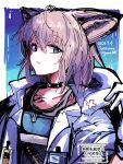  1girl animal_ears arknights black_choker blue_eyes blue_jacket character_name choker cloak commentary_request cross dated expressionless fox_ears fox_girl gnome_(gnome_0000) greek_cross grey_hair highres hood hood_down hooded_cloak jacket looking_at_viewer material_growth open_cloak open_clothes oripathy_lesion_(arknights) red_cross solo sussurro_(arknights) twitter_username upper_body watermark white_cloak zipper_pull_tab 