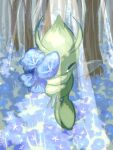  antennae blue_flower bouquet celebi closed_eyes commentary_request flower forest highres holding holding_bouquet light_rays nature outdoors pokemon pokemon_(creature) pokemon_focus sparkle sunbeam sunlight tears token0359 tree wings 