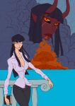  1girl absurdres black_hair blunt_ends breasts burning cleavage colored_skin commentary demonio_fleur fire highres horns multiple_views nico_robin ocean one_piece red_eyes red_skin shirt smoke tree user-f4617e2f35d8ecc6 