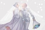  1boy 1girl bouquet bow bowtie bridal_veil closed_mouth collared_shirt commentary_request crossdressing crossdressing_(ftm) crossdressing_(mtf) dress elbow_gloves feet_out_of_frame gloves grey_background grey_bow grey_bowtie grey_eyes hetero highres holding holding_bouquet holding_hands husband_and_wife jack_jeanne jacket looking_at_another pace_(kanna) reverse_trap see-through_clothes see-through_veil shirota_mitsuki shirt simple_background sleeveless sleeveless_dress smile suit tachibana_kisa trap veil wedding wedding_dress white_gloves white_jacket white_shirt white_suit 