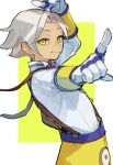  1boy arm_up bow bowtie commentary_request curtained_hair ex_(puyopuyo) from_side gloves grey_hair highres leaning_back looking_at_viewer male_focus outstretched_arm pants pink_bow pink_bowtie pointing pointing_at_viewer puyopuyo puyopuyo_tetris shirt solo standing suspenders upper_body urolo white_gloves white_shirt yellow_eyes yellow_pants 