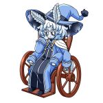 1:1 absurd_res antennae_(anatomy) anthro arthropod arthropod_abdomen black_sclera blue_highlights clothing female fur hair hand_on_cheek hand_on_head hat headgear headwear hi_res highlights_(coloring) ice icicle insect lepidopteran moth multi_limb multicolored_hair otchakun ribbons short_hair snowflake solo two_tone_hair vehicle wheelchair white_body white_fur white_hair wizard_hat wizard_robe wooden_wheelchair