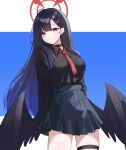  1girl absurdres alternate_costume arms_behind_back black_choker black_eyes black_hair black_shirt black_wings blue_archive blue_background blue_skirt border breasts choker collared_shirt commentary cowboy_shot feathered_wings hair_ornament hairclip halo highres ichika_(blue_archive) large_breasts letterboxed long_hair looking_at_viewer low_wings miniskirt necktie outside_border pleated_skirt red_halo red_necktie shirt simple_background skirt smile solo tah_noey thigh_strap white_border wings 