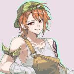  1boy a_dong1987 absurdres arm_bow bare_shoulders baseball_cap bow brown_eyes collarbone earrings english_commentary genderswap genderswap_(ftm) gloves green_bow green_hat hat highres jewelry looking_at_viewer male_focus nami_(one_piece) one_piece one_piece:_stampede orange_hair overalls parted_lips pink_background short_hair shoulder_tattoo simple_background smile solo stud_earrings tank_top tattoo upper_body white_gloves white_tank_top yellow_overalls 