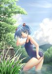  absurdres ass blue_eyes blue_hair day hair_bobbles hair_ornament hex_(tanhexun) highres kawashiro_nitori looking_at_viewer outdoors school_swimsuit short_hair sky solo standing swimsuit swimsuit_pull touhou tree two_side_up wading water 