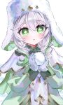  1girl 316_lp absurdres blush capelet cross-shaped_pupils dress genshin_impact gold_trim green_dress green_eyes hair_between_eyes hand_up hands_up hat highres holding holding_snowball long_sleeves looking_at_viewer nahida_(genshin_impact) nahida_(nord_express)_(genshin_impact) official_alternate_costume parted_lips simple_background snowball solo symbol-shaped_pupils upper_body ushanka white_background white_capelet white_hair white_hat 