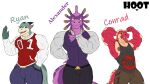 absurd_res alexander_(drag'n_wash) anthro clothing conrad_(drag'n_wash) dg254 drag'n_wash dragon green_body group hi_res horn male muscular muscular_anthro muscular_male mythological_creature mythological_scalie mythology nipples pecs purple_body red_body ryan_(drag'n_wash) scalie simple_background tail tongue tongue_out trio white_background