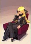  1girl armchair black_coat black_collar black_eyes black_pants black_shoes blonde_hair breasts chair cleavage coat collar commentary_request crossed_legs cynthia_(pokemon) fur_collar hair_ornament hair_over_one_eye hand_up licking licking_finger licking_own_finger long_hair long_sleeves pants pokemon pokemon_diamond/pearl/platinum ryuntack shoes sitting solo tongue tongue_out 