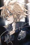  1boy aqua_eyes armor black_vest blonde_hair closed_mouth cloud_strife commentary earrings fenrir_(ff7) final_fantasy final_fantasy_vii final_fantasy_vii:_advent_children hair_between_eyes hair_over_one_eye highres jewelry maidhao male_focus pauldrons popped_collar portrait ribbed_vest sample_watermark short_hair shoulder_armor single_earring single_pauldron solo spiked_hair stud_earrings untranslatable_commentary upper_body vest watermark zipper 
