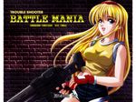  1993 1girl 2014 90s :d bangs bare_shoulders battle_mania blonde_hair blue_eyes breasts brick_wall company_name copyright_name cowboy_shot dated denim denim_shorts fingerless_gloves gloves gun hairband holding holding_weapon long_hair medium_breasts midriff ootorii_mania open_mouth red_gloves rifle shirt short_shorts shorts shurakui sleeveless sleeveless_shirt smile solo standing very_long_hair video_game weapon 