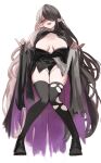  1girl absurdres bellona_(maplestory) black_boots black_hair black_panties black_thighhighs blue_eyes boots breasts cleavage cleavage_cutout clothing_cutout commentary_request fang from_below hair_over_one_eye head_tilt highres knees_together_feet_apart korean_commentary large_breasts long_hair looking_at_viewer maplestory multicolored_hair panties pinky_out pointy_ears raised_inner_eyebrows red_pupils se_tu_(55559229) shaded_face simple_background solo teeth thighhighs torn_clothes torn_thighhighs underwear upper_teeth_only upskirt very_long_hair white_background white_hair 