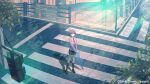  1girl bang_dream! bang_dream!_it's_mygo!!!!! black_socks brown_eyes brown_shoes closed_mouth commentary_request crosswalk diagonal-striped_clothes diagonal-striped_necktie green_necktie green_skirt grey_hair grey_jacket haneoka_school_uniform highres holding holding_umbrella jacket kneehighs koh_rd necktie official_art outdoors plaid_clothes plaid_skirt road school_uniform shoes short_hair skirt socks solo standing striped_clothes striped_necktie takamatsu_tomori traffic_light umbrella 